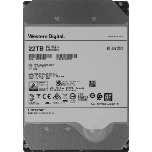 Жесткий диск WD SATA-III 22TB 0F48155 WUH722222ALE6L4 Server Ultrastar DC HC570 512E (7200rpm) 512Mb 3.5" 