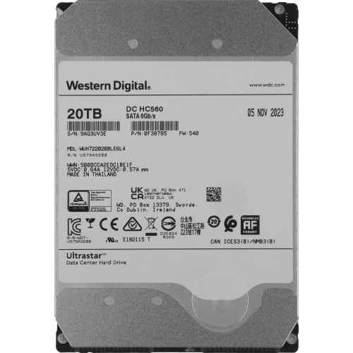 Жесткий диск WD SATA-III 20TB 0F38785 WUH722020BLE6L4 Server Ultrastar DC HC560 512E (7200rpm) 512Mb 3.5" 